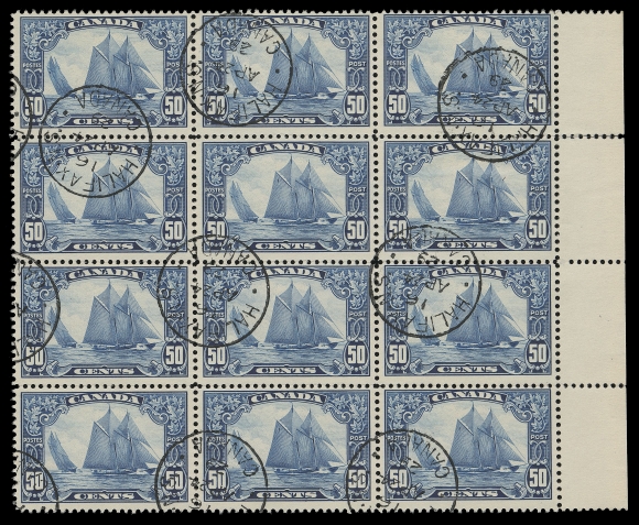 CANADA -  8 KING GEORGE V  158iii,A remarkable used block of twelve (3x4) with sheet margin at right, brilliant fresh colour and showing the elusive "Man on the Mast" (Plate 2; Position 58) plate variety on lower left stamp, the variety well clear of neat Halifax AP 14 29 CDS, minor perf separation in margin only; the plate variety the best centered stamp in the block. A wonderful multiple in an excellent state of preservation and in all probability the largest surviving used multiple with the variety, F-VF