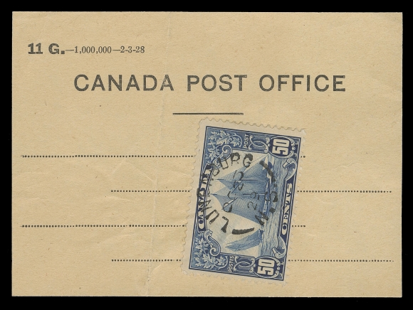 CANADA -  8 KING GEORGE V  Canada Post Office "11 G. - 1,000,000 - 2-3-28" receipt, likely for bulk mail payment, single 50c Bluenose tied by well-struck socked-on-nose Lunenburg, NS OC 25 29 split ring CDS, fold away from stamp. A neat item, F-VF (Unitrade 158)