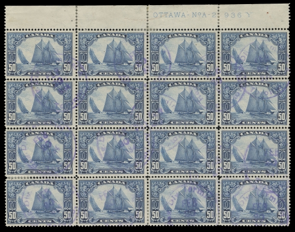 CANADA -  8 KING GEORGE V  158,An impressive postally used Plate 2 block of sixteen, well centered, some hinge supported perf separation and tiny marginal tear at top, circular Reg. Div. Terminal / Toronto FEB 20 1934 CDS in blue. A rarely encountered used plate block, VF