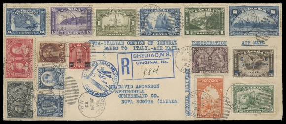 CANADA -  8 KING GEORGE V  1933 (July 25) Legal size cover endorsed "Via Italian Cruise of General Balbo to Italy - Airmail", mailed registered special delivery from Shediac, NB to Rome, Italy, bearing an impressive multi-issue franking, sixteen different stamps from 6c Small Queen to 1933 5c UPU Meeting stamp, including the high value 50c Bluenose, $1 Parliament and $1 Cavell all tied by Shediac JUL 25 duplex, Balbo flight cachet alongside, two different Italian receivers, then sent to Springhill, Nova Scotia. A very scarce flight and especially desirable with a 50c Bluenose, VF (Unitrade 43/202, C4, E3; AAMC 3331c - 70 pieces carried Shediac - Rome flight)

Nearly all known Balbo flight covers bearing a Bluenose stamp are from Shediac to Chicago, via Montreal or from the Montreal to Chicago leg.
