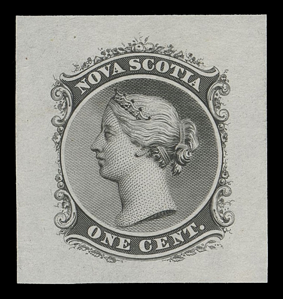 NOVA SCOTIA -  2 CENTS  A rare engraved Progressive Die Proof in black on india paper 29 x 31mm - the unfinished design with incomplete shading lines inside vignette visible in front of the Queen