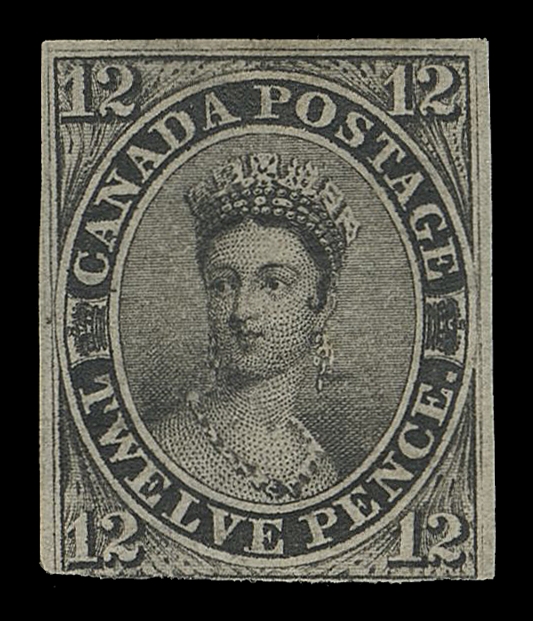 CANADA -  2 PENCE  3,An appealing, remarkably sound mint example of this celebrated, 170+ year-old classic stamp; ample margins on three sides and  just in at foot, printed on Handmade paper showing strong,  clearly defined, vertical laid lines and displaying a superb  impression with bright colour on fresh paper, possessing nearly  FULL ORIGINAL GUM characteristically thinly applied, relatively  lightly hinged. A desirable stamp with physical attributes  superior to most known examples, Fine (Unitrade 3 - $160,000;  Scott 3 - US$175,000; SG 4 - £200,000)

Expertization: 1977 BPA and 2006 Greene Foundation certificates

A RARELY ENCOUNTERED AND ESSENTIALLY SOUND MINT EXAMPLE OF THE  ICONIC TWELVE PENNY BLACK WITH FULL ORIGINAL GUM - ONLY A VERY SMALL NUMBER OF EXISTING EXAMPLES CAN BE SO DESCRIBED.