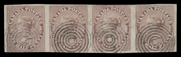 CANADA -  2 PENCE  8,An impressive and scarce horizontal strip of four with clear to mainly large margins; apart from pressed vertical crease on second stamp, sound with each stamp neatly cancelled by concentric rings in black, F-VF