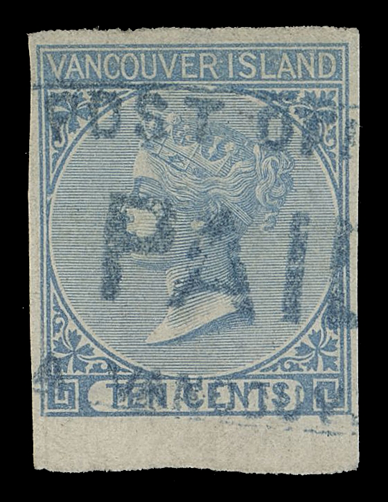 BRITISH COLUMBIA  4,An impressive used single with portion of sheet margin at foot and large margins on other sides, bright colour, oval Post Office PAID Victoria, Vancouver Is. cancellation in blue (R. Lowe HS-5). Scarce this nice, VF+