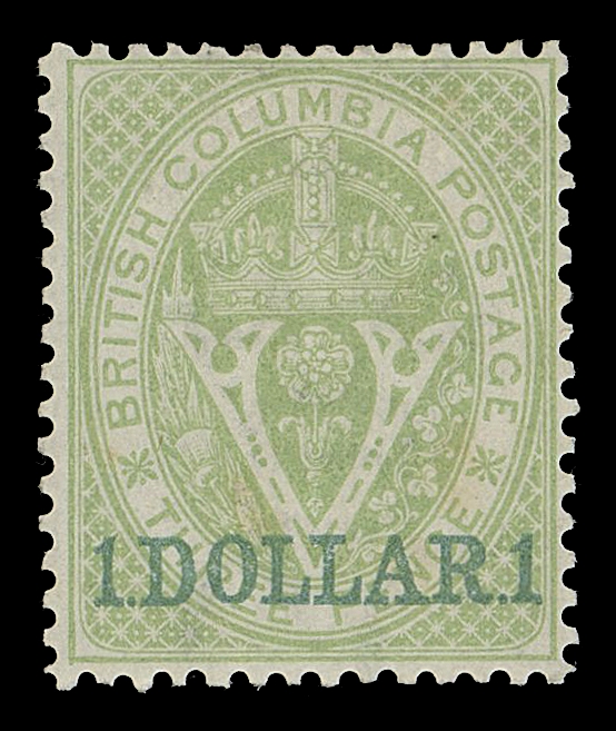 BRITISH COLUMBIA  13,An unusually choice mint example with brilliant colour on fresh paper, full intact perforations clear of design and very well centered thus, possessing remarkably clean, full original gum, considerably nicer usually encountered, VF LH