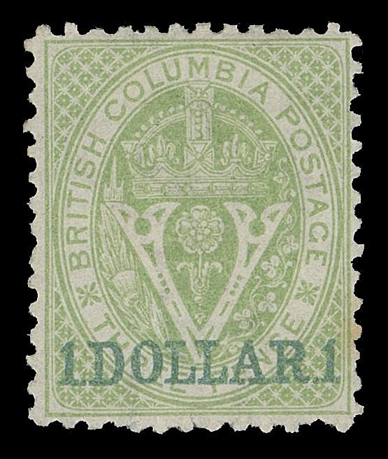 BRITISH COLUMBIA  18,A selected unused example with superior centering, a few uncleared perf discs as usual, minor perf tone at lower right, a lovely stamp with excellent colour, VF