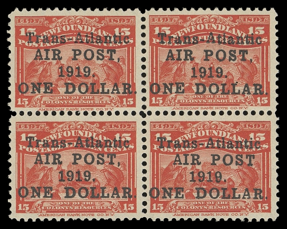 NEWFOUNDLAND -  7 AIRMAIL  C2, C2c,A well centered, post office fresh mint block displaying the normal surcharge on three stamps but the elusive no comma after "POST" and "A" of "AIR" below "a" of "Trans" surcharge type at lower right (Pos. 22 in the setting of 25 subjects), top pair LH, lower pair including the scarce type NH, VF