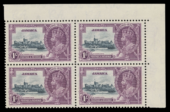 JAMAICA  112variety,A corner margin mint block showing the "Lightning Conductor" plate variety at lower left (Plate "3", R. 2/5), VF NH (SG 117c for hinged £300+)
