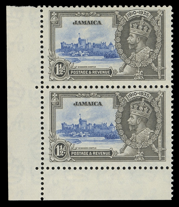 JAMAICA  110, 111 + variety,Matching corner margin pairs with "Extra Flagstaff" variety on top stamp (Plate "1", R. 1/9), VF LH (SG 115a, 116a £290)