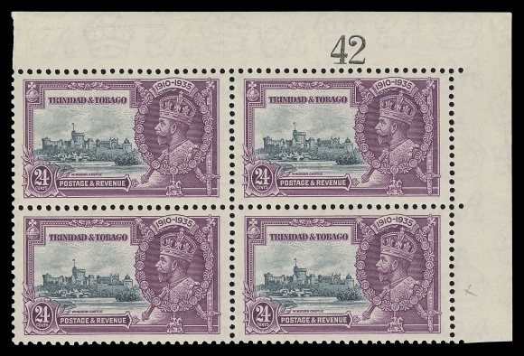 TRINIDAD AND TOBAGO  46 variety,A choice mint corner block, serial number "42", showing "Lightning Conductor" variety (Plate "3", R. 2/5), fresh and VF NH (SG 242c for hinged single £200+)