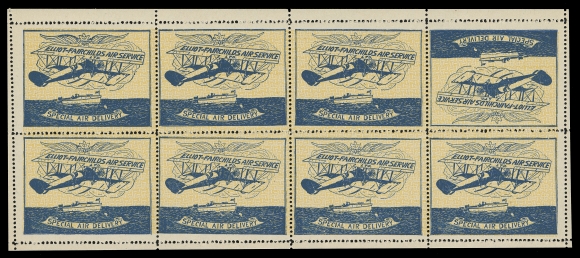 CANADA - 13 SEMI-OFFICIAL AIRMAILS  CL9d,A mint pane of eight, well centered for the issue, showing inverted stamp at upper right and filled-in wing variety at upper left, VF NH 
