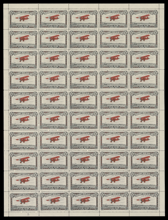 CANADA - 13 SEMI-OFFICIAL AIRMAILS  CL46,A fresh, well centered pane of 50 from the 2nd printing; shows the serif on crossbar variety (Pos 8, 10, 33 and 35), wrinkle on pos. 34, otherwise F-VF NH