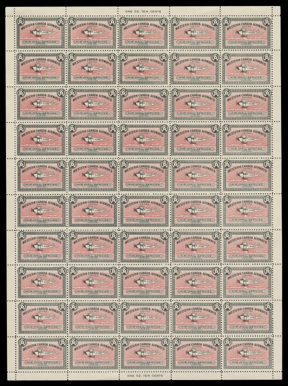 CANADA - 13 SEMI-OFFICIAL AIRMAILS  CL40, CL41,The set of two mint panes of fifty, both with minor usual perf  separation, the Jubilee  sheet with negligible crease on pos. 10 stamp, otherwise F-VF NH, not often seen. (Unitrade cat. $1,725)