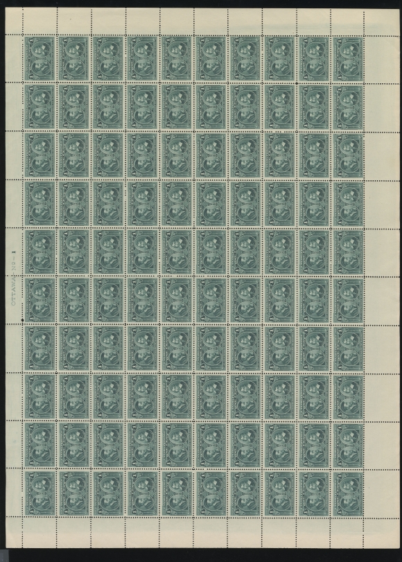 CANADA -  7 KING EDWARD VII  97,An impressive mint sheet of 100, plate "OTTAWA No. 1" imprint at top, perf flaw at top of pos. 5, about a dozen stamps with natural short gumming, perfs split vertically between fifth and sixth columns at top and bottom. Despite the minor imperfections, a surprising number of stamps - about seventy - are well centered. Among the nicest existing sheets, F-VF NH (Unitrade cat. well over $10,000+ as singles)