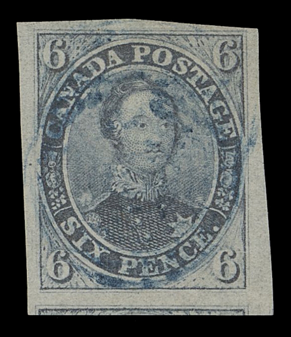 CANADA -  2 PENCE  2,A desirable used example with fabulous colour; although Greene states: "laid paper without visible laid lines", the laid lines are quite clearly visible in watermark fluid, margin well clear at top right to mostly very large margins including portion of adjacent stamp at foot, light concentric rings IN BLUE. A scarce coloured cancelled stamp, VF+ JUMBO; 2022 Greene Foundation cert. ex. Dale-Lichtenstein (Sale 5 - BNA Part Two, May 1969; Lot 392), Sam Nickle (October 1988; Lot 147)