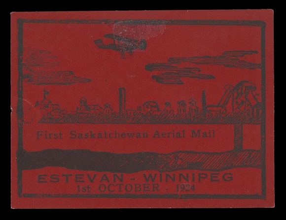 CANADA - 13 SEMI-OFFICIAL AIRMAILS  CLP5 variety,A most unusual mint example displaying a full reverse offset of the inscriptions "First Saskatchewan Aerial Mail / ESTEVAN - WINNIPEG / 1st OCTOBER 1924" on the gum side; small trivial crease at left, trace of hinging on obverse only leaving full original gum, never hinged. The first such variety we recall seeing, VF