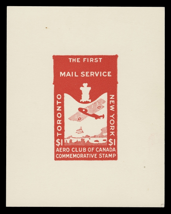 CANADA - 13 SEMI-OFFICIAL AIRMAILS  CLP3 footnote,Die Proof of the frame, typographed in red on thick white card measuring 85 x 107mm; only a few exist, striking and VF