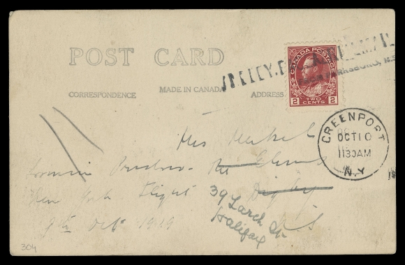 CANADA - 12 AIRMAILS  1919 (October 9) Surveying Handley-Page wreckage illustrated  postcard, bearing a 2c dark carmine Admiral tied by the  distinctive two-line "HANDLEY PAGE AERIAL MAIL / FROM PARRSBORO,  N.S." handstamp. The Parrsboro to Greenport, NY flight carried 9  passengers in addition to pilots Kerr & Brackley. Superb  Greenport OCT 10 1130AM arrival CDS struck in upright position;  forwarded to Digby, NS rerouted to Halifax. According to the  Dalwick & Harmer handbook: "This flight was, at the time, the  second longest ever made." Only a handful of pieces were carried  on this flight, nearly all are 2c pink postal stationery cards  rather than a card or letter franked with a postage stamp, VF  (AAMC PF-20)