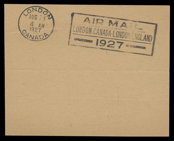 CANADA - 13 SEMI-OFFICIAL AIRMAILS  Proof strike of the special slogan postmark used in London, Ontario to cancel the mail (only one cover survived), inscribed "AIR MAIL / LONDON, CANADA - LONDON, ENGLAND / 1927" and dated "SEP 1 5AM 1927", light creasing, a rare item. Also two cinderella souvenir sheets and two original picture postcards with minor edge flaws. (AAMC CLP6-2700a)