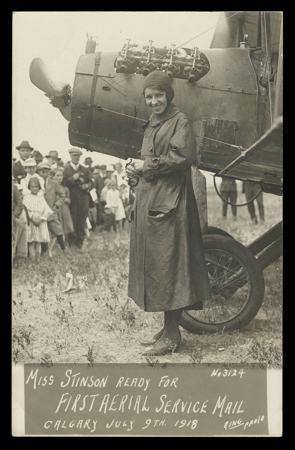 CANADA - 12 AIRMAILS  Picture postcard illustrating Miss Stinson beside her Curtiss Stinson Special aircraft "Ready for First Aerial Service Mial Calgary July 9th 1918", unused, small corner crease, annotated in pen on reverse "First Airmail from Calgary, Calgary to Edmonton". Excellent collateral related to this famous pioneer pilot, VF (AAMC PF-7 ephemera)