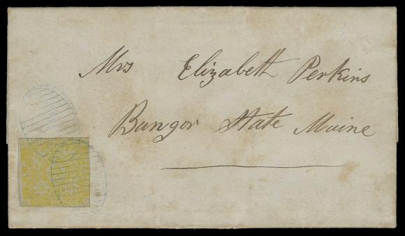 NEW BRUNSWICK  1855 (March 28) Folded entire lettersheet mailed from Chatham, NB to Bangor, Maine, bearing 6p yellow on blued paper, just touching design at right, clear to large margins on other sides, tied by two clear oval grid 
