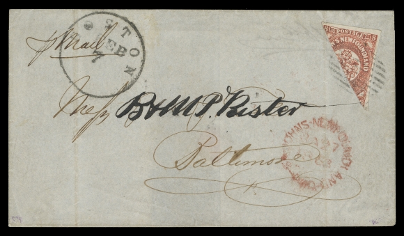 NEWFOUNDLAND -  1 PENCE  1863 (January 27) Folded cover from the famous Tucker correspondence (ink manuscript partly obliterating addressee) bearing a diagonally bisected 8p scarlet vermilion tied by neat oval grid paying the Port-to-Port 4 pence letter rate, legible St. Johns Paid dispatch datestamp in red. An interesting cover as observed by Sidney Harris regarding the Boston Feb 7 circular datestamp: "there is no 5c. "To pay" handstamp, therefore the cover went straight through St. John