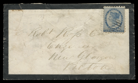 PRINCE EDWARD ISLAND  1863 (October 12) Mourning cover from Charlottetown to New Glasgow, NS, bearing 1861 3p blue on yellowish wove paper, perf 9 tied by light grid, quite clear Prince Edward Island OCT 12 1863 CDS, partial Pictou and New Glasgow OCT 13 backstamps; small tear at top left and light soiling but a scarce single franking, first issue franking, Fine (Unitrade 2)