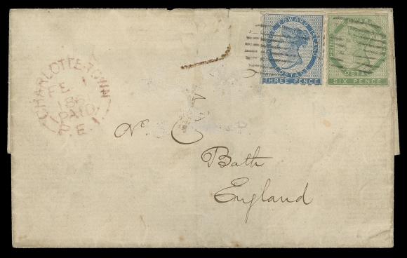 PRINCE EDWARD ISLAND  1861 (February 1) Folded cover to Bath, England, ideally struck with Charlottetown FE 1 1861 PAID double arc dispatch, rimless Prince Edward Island FE 1 and Bath FE 18 receiver backstamps. Bearing first-month of circulation 1861 First Issue 3p blue and 6p green perf 9, both with clipped perfs at top and minor flaws, portion of addressee name lightened. Despite the minor imperfections, this cover is THE EARLIEST RECORDED COVER bearing stamps of PEI on Trans-Atlantic mail, Fine (Unitrade 2, 3)Provenance: Dr. R.V.C Carr, Firby Auctions, February 1999; Lot 469Interestingly enough, ten years later, Firby Auctions offered in the Warren Wilkinson collection a similar franked cover to England dated February 14, described as "the ERD to Europe".