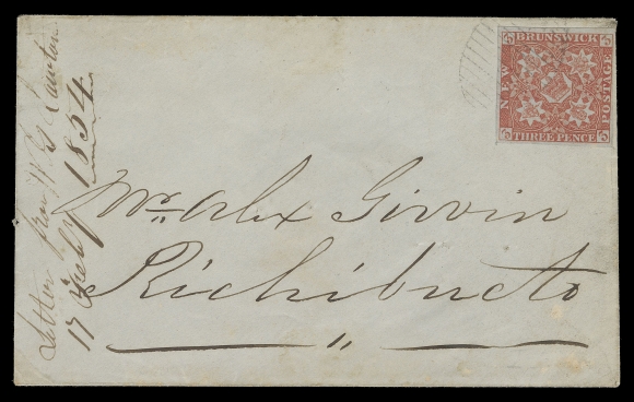 NEW BRUNSWICK  1854 (February 18) Bluish envelope mailed from Saint John to Richibucto bearing a selected quality 3p red in a lovely bright shade with ample to large margins and tied by a light oval mute grid, clear St. John FE 18 1854 and Richibucto FE 21 1854 double arch dispatch CD on reverse, VF (Unitrade 1)