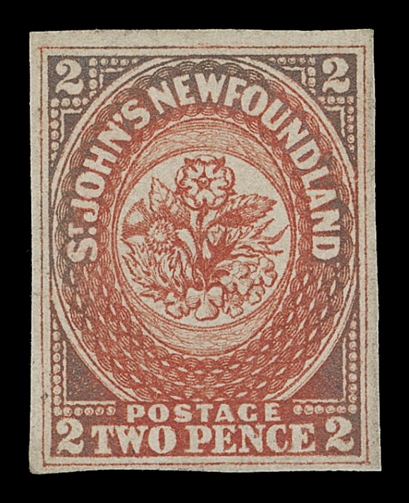 NEWFOUNDLAND -  1 PENCE  2,An  exceedingly rare unused example of this sought-after classic stamp, surprisingly devoid of the usual flaws observed on most known examples that still exist; colour somewhat oxidized but sound with well clear to large margins on pristine fresh paper, important physical attributes that are almost non-existent on this very challenging stamp in unused condition, VFExpertization: clear 1997 RPS of London certificate