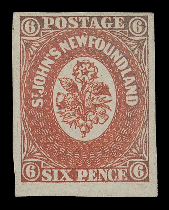 NEWFOUNDLAND -  1 PENCE  6,A phenomenal example of what is regarded as one of the most coveted and valuable classic stamps of Newfoundland, in flawless condition on fresh paper, striking deep colour showing just a hint of oxidation, trivial and not even mentioned in the accompanying certificate. A premium quality example featuring some of the largest margins one can hope to find on this great rarity. Easily among the finest extant, VFExpertization: clear 1997 RPS of London certificateA PREMIUM EXAMPLE OF THE SIX PENCE SCARLET VERMILION. ONE OF THE VERY BEST UNUSED EXAMPLES ATTAINABLE - FEWER THAN TEN SOUND UNUSED EXAMPLES ARE BELIEVED TO EXIST.