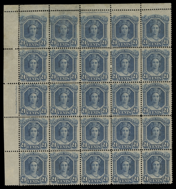 NEWFOUNDLAND -  2 CENTS  31,An impressive mint corner margin block of 25 in an excellent state of preservation for such a large multiple - certainly among the largest extant, LH on five stamps leaving twenty NH, Fine+; an exhibition-worthy item  displaying two ABNC imprints.
