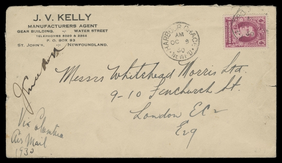 NEWFOUNDLAND -  7 AIRMAIL  1930 (September 25) Envelope from St. John
