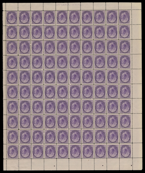 CANADA -  6 1897-1902 VICTORIAN ISSUES  76,An impressive and rarely seen intact mint sheet of 100, full plate "OTTAWA-No-1" imprint at top, three positional guide dots in lower margin, trivial perf separation mostly in top margin, minor gum thins on six stamps, otherwise in a remarkable state of preservation with full NH original gum, very few can still exist intact, Fine+ NH (Unitrade cat. $3,840 as single stamps)
