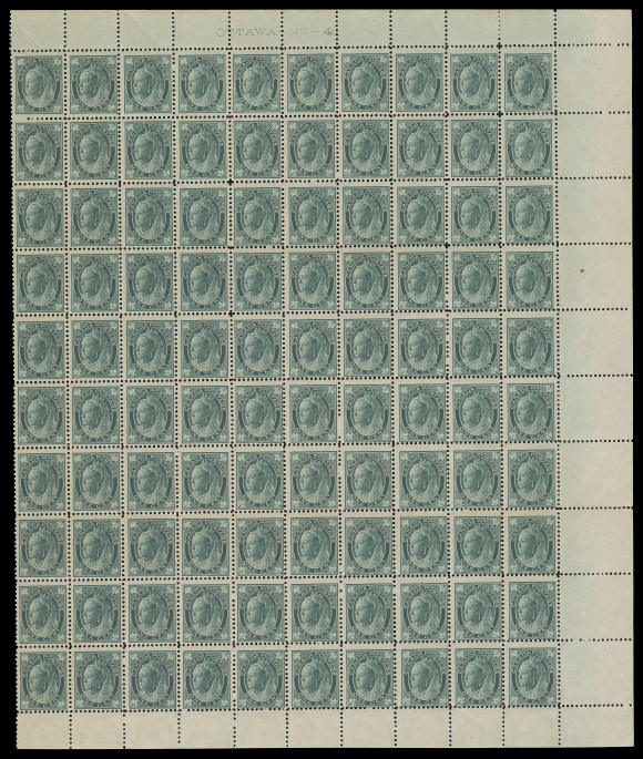 CANADA -  6 1897-1902 VICTORIAN ISSUES  67,Mint right-hand sheet of 100 with full "OTTAWA-No-4"  at top, lightly folded twice along perfs, some light adhesion on ten stamps (third and fourth rows), partly severed between ninth and tenth columns, no margin at left, nevertheless a very scarce sheet, Fine NH (Unitrade cat. $3,800 as single stamps)
