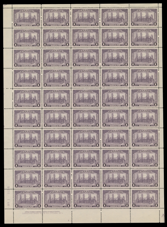 CANADA -  9 KING GEORGE VI  241-245i, 241a,The complete set of six Plate 1 mint sheets of fifty, all in choice, well centered, fresh mint NH condition, positions as follows - 10c dark carmine UR, 10c rose carmine UL, 13c UL, 20c LL, 50c UR and $1 LL (trivial perf separation in top margin). The $1 is the distinctive Aniline Violet shade. A beautiful set of seldom seen sheets, VF NH (Unitrade cat. $20,615)


