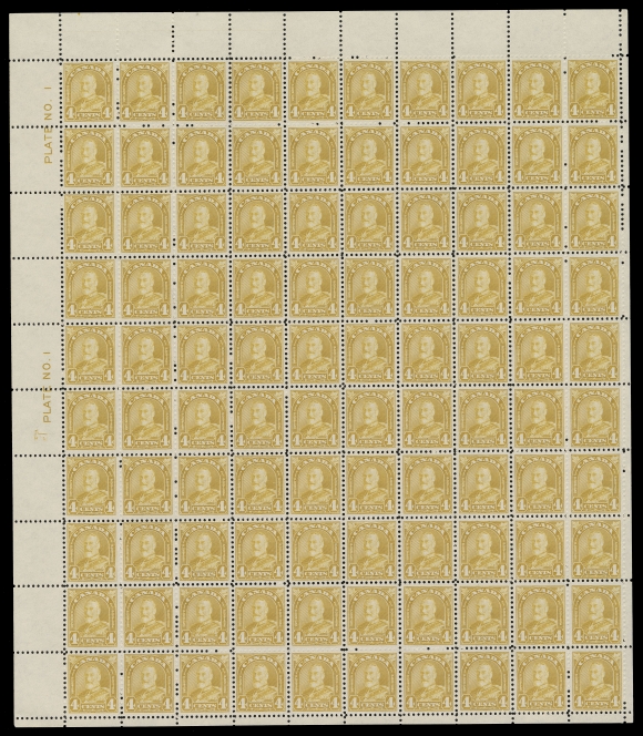 CANADA -  8 KING GEORGE V  168,A bright mint Upper Left Plate 1 sheet of 100 showing the unusual (reversed & inverted) "1" numeral only found on this particular UL sheet, remarkably well centered with full original gum, very scarce in such selected quality, VF NH (Unitrade cat. $5,100)