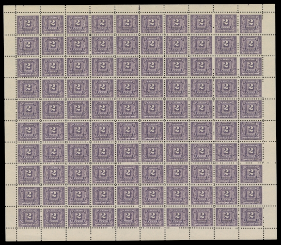 CANADA - 16 POSTAGE DUE  J7i,Mint sheet of 100 with plate "1" (reversed) at top centre, quite well centered and very scarce thus, trivial perf separation in lower selvedge. VF NH (Unitrade cat. $2,370)