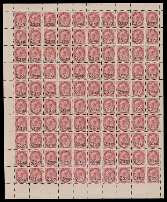 CANADA -  6 1897-1902 VICTORIAN ISSUES  88,A quite well centered Left mint Plate 5 sheet of 100, bright fresh colour, folds along perforations, faint gum disturbance on three stamps and one with minor wrinkle, F-VF NH, an elusive intact sheet. (Unitrade cat. $9,310)