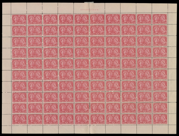 CANADA -  6 1897-1902 VICTORIAN ISSUES  53,A fresh mint Plate "OTTAWA-No-3" sheet of 100, perf separation in places and minor gum creasing on a few stamps, all stamps NH, Fine+ (Unitrade cat. $2,000 as Fine NH singles)