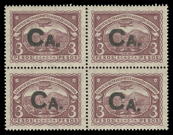 CANADA - 12 AIRMAILS  CLCA10,An extremely rare mint block (quantity issued: 50) with "CA." overprint in black, well centered and fresh with full original gum. The only mint multiple of this very elusive airmail stamp we are aware of, VF NH; 2022 Greene Foundation cert.