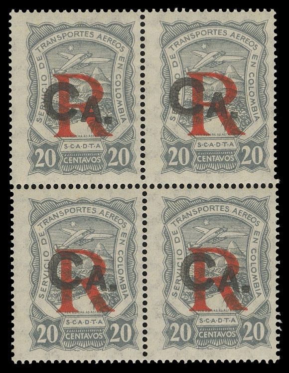CANADA - 12 AIRMAILS  CFLCA1,An extremely rare mint block (quantity issued was 100), overprinted "CA." for Consular Mail to Colombia, reasonably centered, faint gum disturbance on left pair, F-VF NH; the only such mint multiple we are aware off. With clear 2022 Greene Foundation cert. (Cat. as two hinged, two NH singles)