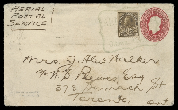 CANADA - 13 SEMI-OFFICIAL AIRMAILS  1918 (August 17) Aerial Mail Ottawa - Toronto by Lt. Tremper Longman, RAF, in a Curtiss JN-4 "Canuck"; 2c red KGV postal stationery envelope uprated with 2c+1c brown, Die II tied by scroll "BY AEROPLANE AUG 17 1918 Ottawa, Canada" flight cachet in green, endorsed "AERIAL POSTAL SERVICE" at left, Toronto AUG 17 1PM 1918 CDS on arrival. Light soiling, light corner wrinkling and part of backflap missing, an extremely scarce cover - only a small amount of mail was carried on the return of this First Experimental Flight, Fine (Unitrade MR4; AAMC PF-8a - fewer than half a dozen reported) ex. Major R. Malott collection