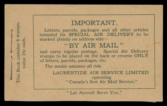 CANADA - 13 SEMI-OFFICIAL AIRMAILS  CL2a,A choice, intact booklet with green imprint on front, no inscription on back, contains interleaves and all four panes of two in a distinct lighter shade of green, full pristine original gum; difficult to find, VF NH