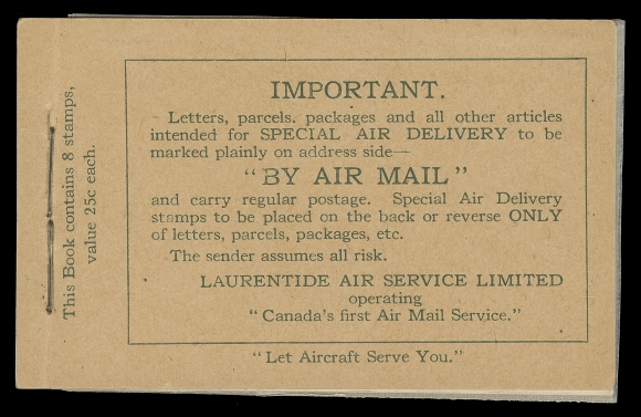 CANADA - 13 SEMI-OFFICIAL AIRMAILS  CL2b,Complete booklet (second printing) with Dodd-Simpson Press Ltd. Montreal imprint on back, contains all four panes of two in the green shade (distinctive from the subsequent dark blue green) and the interleaves; light crease along staple line on front cover and light mounting mark on back cover, a scarce booklet with VF NH panes
