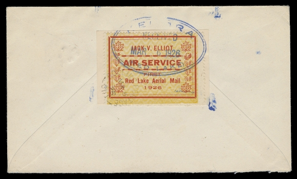 CANADA - 13 SEMI-OFFICIAL AIRMAILS  1926 (March 6) Rolling Portage - Red Lake flight cover franked with 3c carmine Admiral tied by Kitchener MR 2 26 CDS dispatch; on reverse Jack V. Elliot Air Service (25c) red on yellow zig-zag lines affixed over an unofficial Jack V. Elliot flight essay, both tied by Rolling Portage MR 6 split ring departure and oval Kenora Received MAR 6 1926 Red Lake cachet in blue, unusual and seldom seen, VF (Unitrade CL6 + essay, see footnote; AAMC CL6-2600)