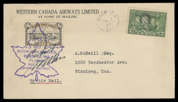 CANADA - 13 SEMI-OFFICIAL AIRMAILS  1927 (July 1) Western Canada Airways Limited envelope with illustrated map on reverse, bearing 2c Confederation cancelled by grid, Goldpines JUL 1 27 split ring at left, (10c) Jubilee issue tied by Maple Leaf Red Lake District cachet in violet, pilot signed, Rolling Portage JUL 1 backstamp then forwarded to Winnipeg with receiver; 90 covers were carried and only a fraction were pilot signed, VF (AAMC CL41-2700c)