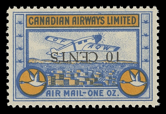 CANADA - 13 SEMI-OFFICIAL AIRMAILS  CL52a,A very well centered mint single displaying the elusive INVERTED SURCHARGE, scarce in such choice condition, VF NH