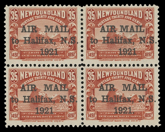 NEWFOUNDLAND -  7 AIRMAIL  C3, b, d, j,A scarce positional block (in the pane of 25 subjects) showing both wide and narrow spacing between AIR and MAIL and "1" of "1921" below "f" of "Halifax" on top pair (Pos. 4 & 5), full original gum, fresh and Fine+ LH; 1980 Enzo Diena cert.