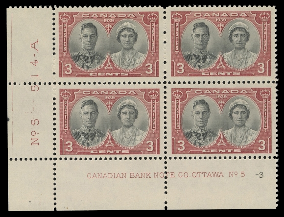 CANADA -  9 KING GEORGE VI  248,The "Impossible" plate block - Lower Left Plate 5-3, well centered with bright fresh colours, THE ONLY KNOWN BLOCK, VF NH; with copies of three detailed articles on the subject with background information. 

Only three other "Impossible" plate blocks have been documented on the Three cent, all from the Upper Left corner position, one has missing side margin. This block offered is UNIQUE and the most desirable of the Three cent "Impossible" blocks.